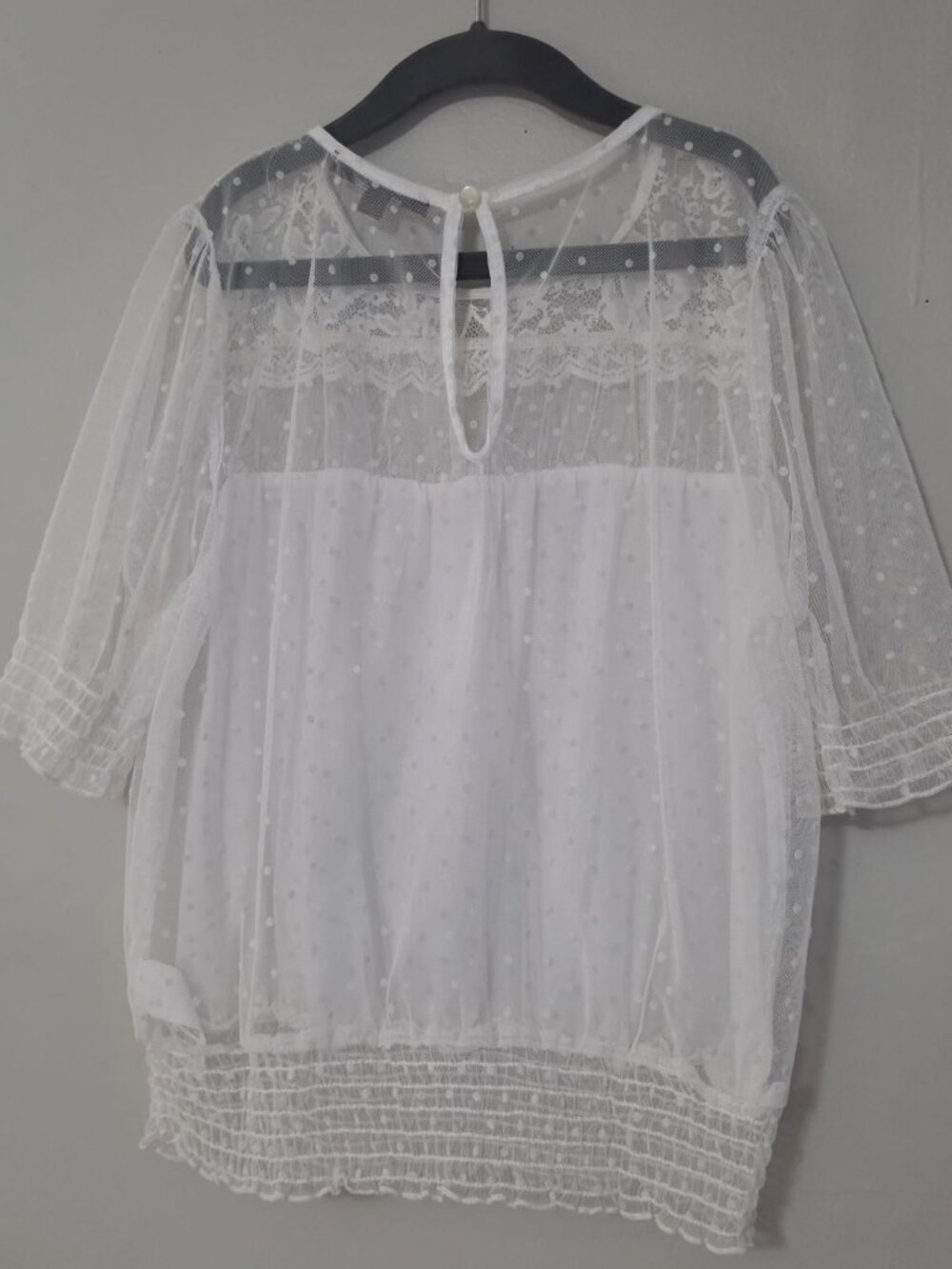 Ambiance White Swiss Dot Lace-Yoke Mesh Blouse with Smocked Waist